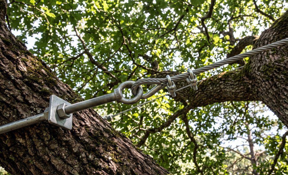 A steel support cable and brace installed between heavy limbs of a mature tree