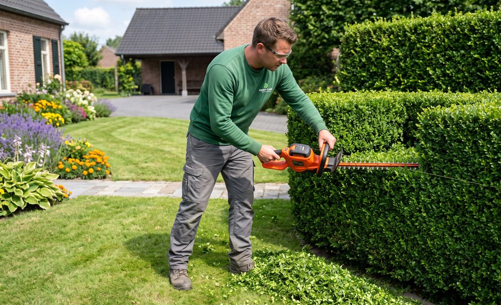 A landscaper shaping a crisp green hedge with powered trimmers