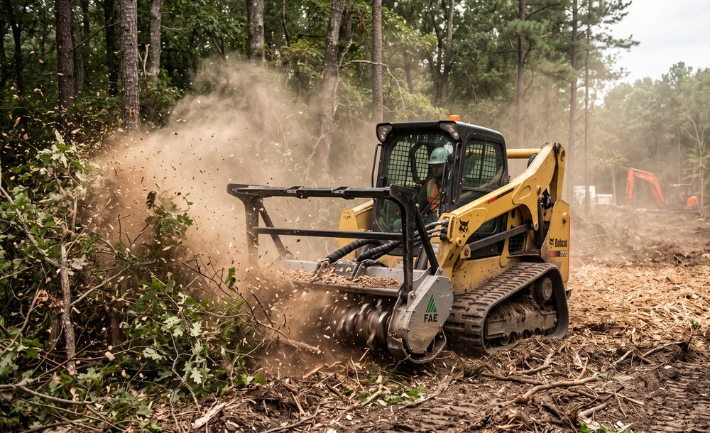 A forestry mulcher shredding brush and small trees on a lot being cleared