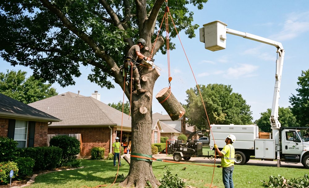 A tree crew safely taking down a large tree with rigging and a bucket truck